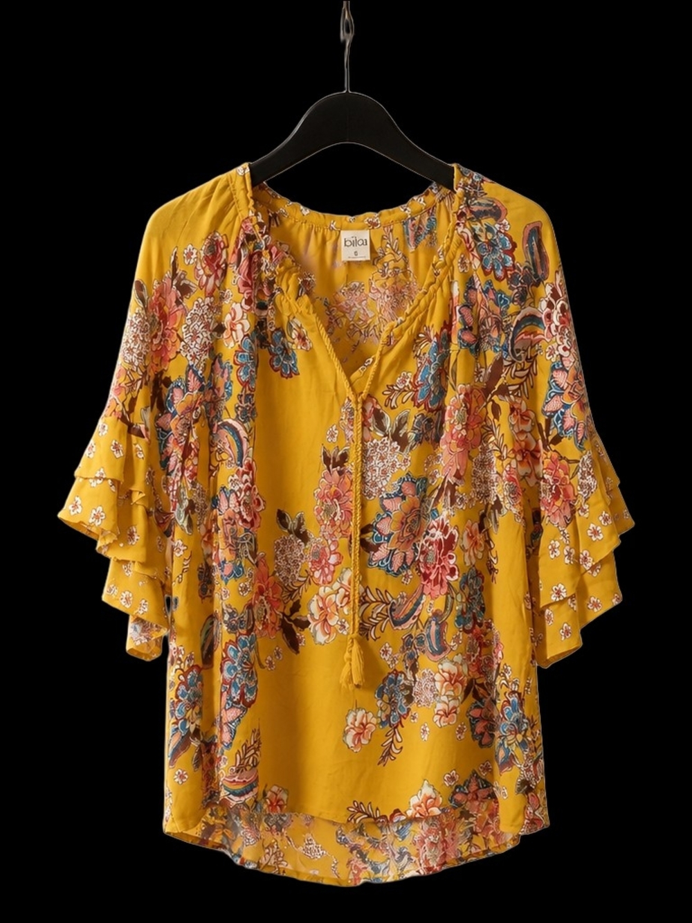 Bila Yellow Floral Tassel V-Neck Ruffle Sleeve Blouse